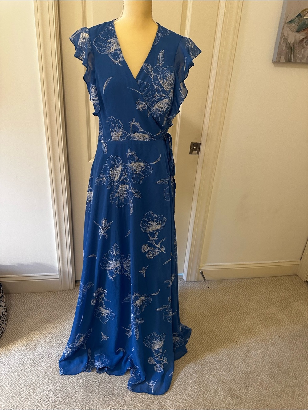 Lulus Blue Chiffon Floral Wrap Maxi Dress XL tall 12